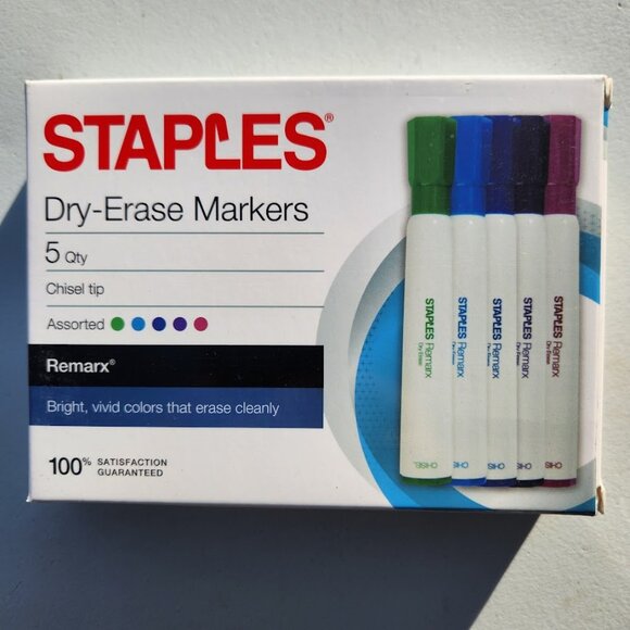 NEW Staples Dry Erase Markers 5 Quantity Chisel Tip Assorted Colors School Class - Picture 1 of 11